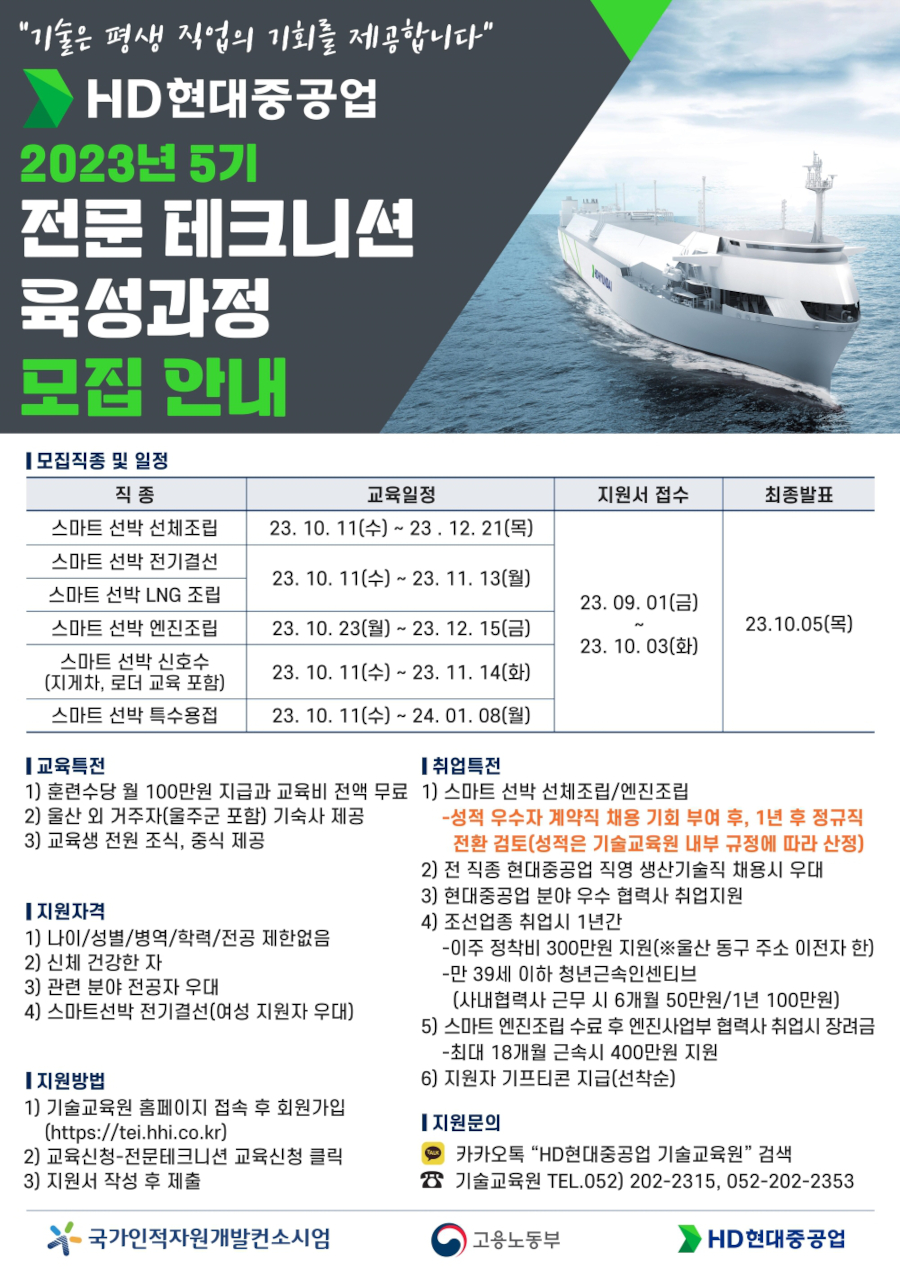 HD현대중공업 2023년 5기 전문 테크니션 육성과정 모집