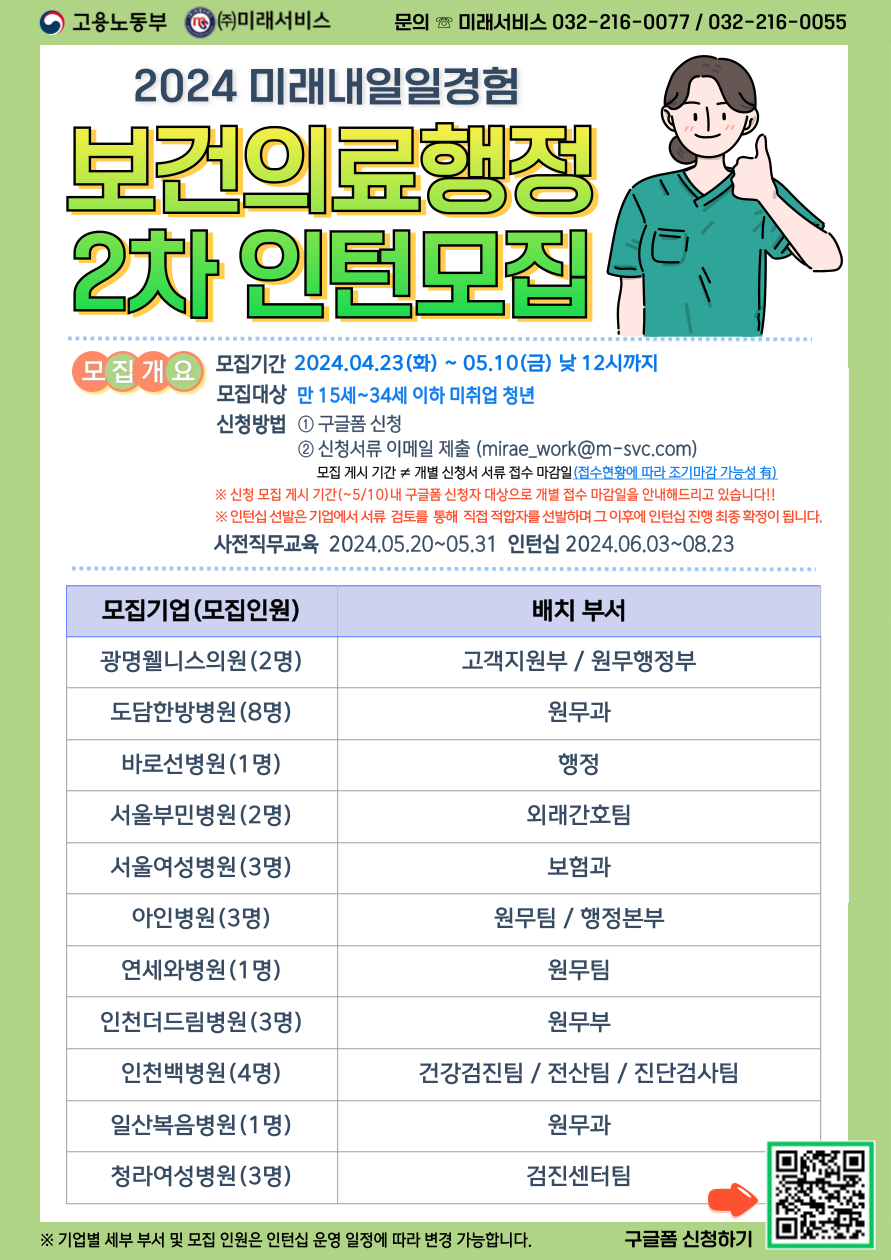 2024 미래내일 일경험 2차 보건의료행정 인턴 모집