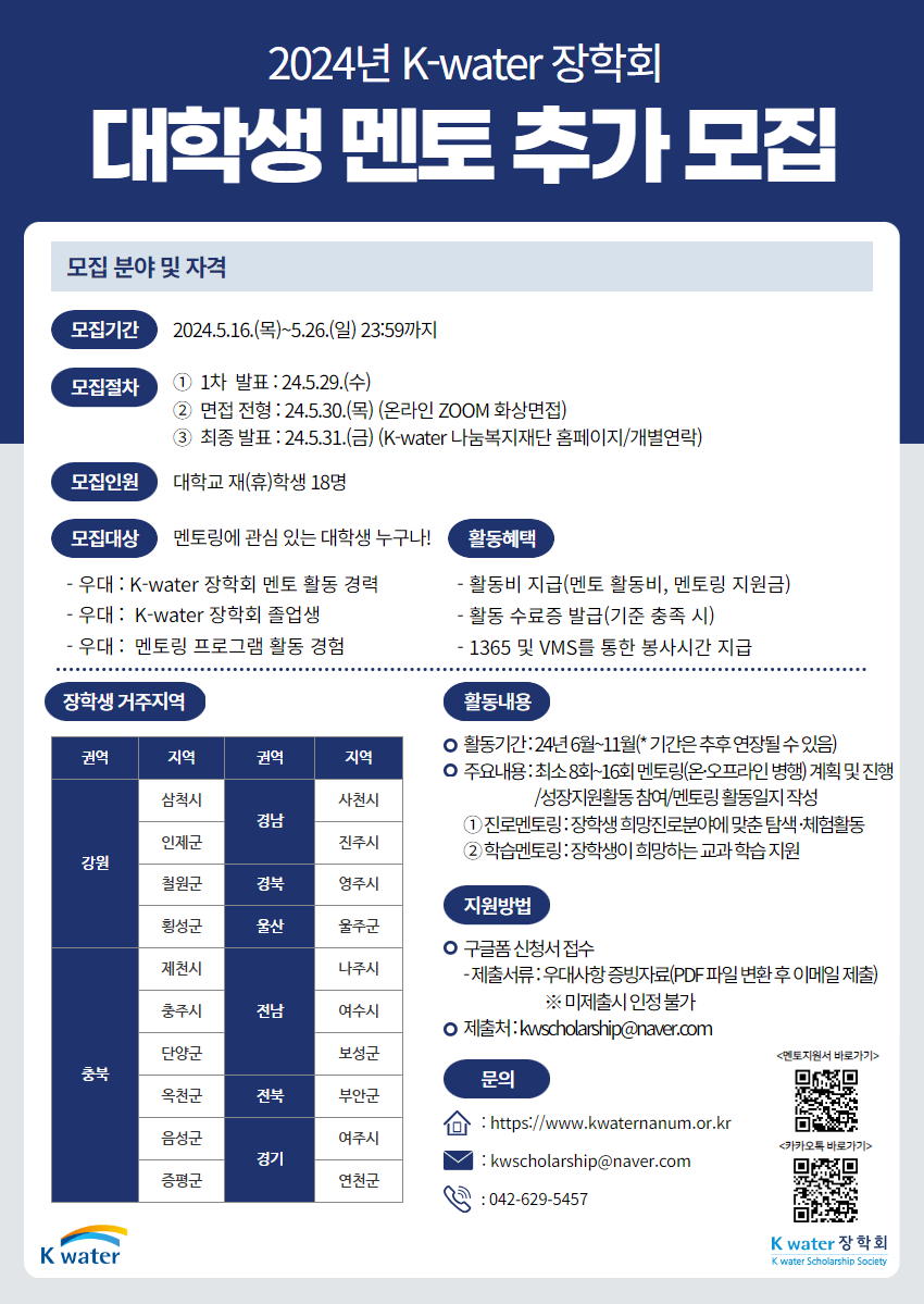 2024년 K-water 장학회 대학생 멘토 추가 모집