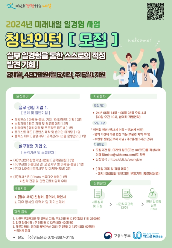 [고용노동부 주관] 미래내일 일경험(인턴형) 참여청년 1차 모집공고(부울경 지역 우대)