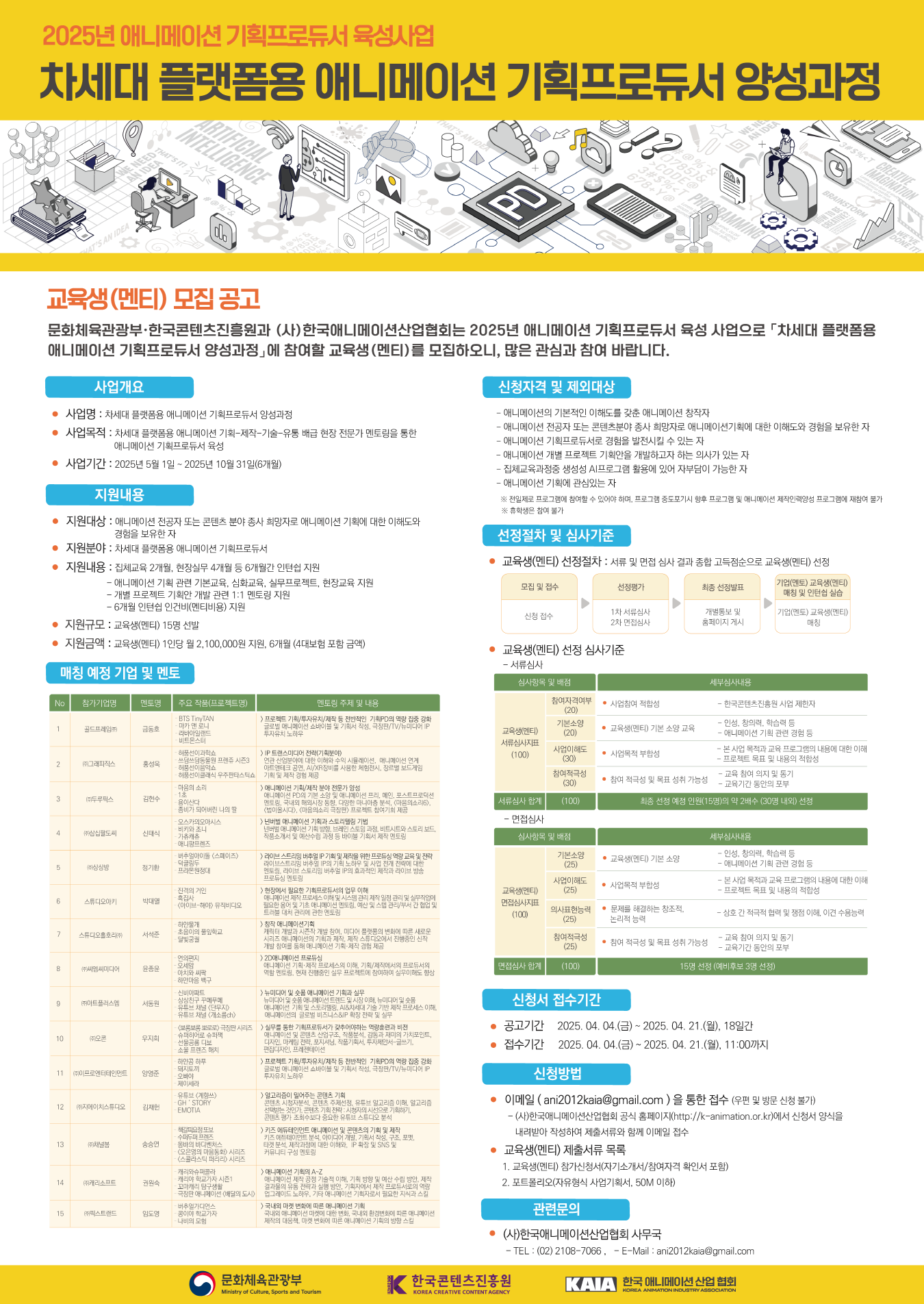  2025 애니메이션 기획프로듀서 육성사업 참가 교육생(멘티) 모집공고