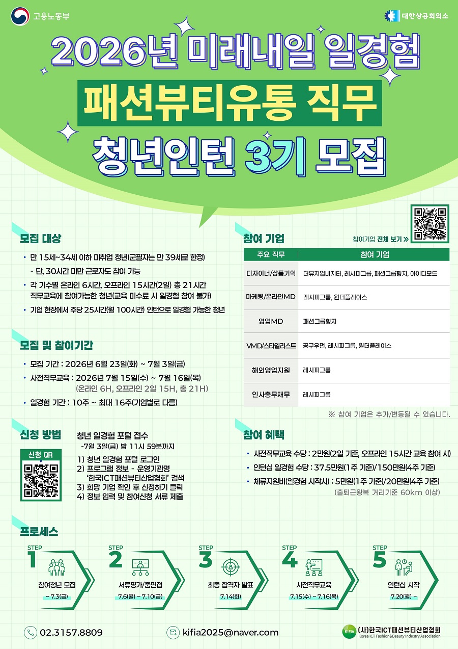 2026년 미래내일일경험(인턴형) 패션뷰티유통직무 서울3기 청년참여자 모집